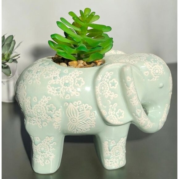 Ceramic Elephant-Shaped Succulent Holder With Intricate Floral Patterns - Picture 12 of 12